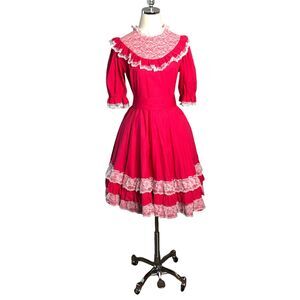 Vintage Square Dance Dress Red Lace Yoke Hand Sewn Circle Skirt Rockabilly